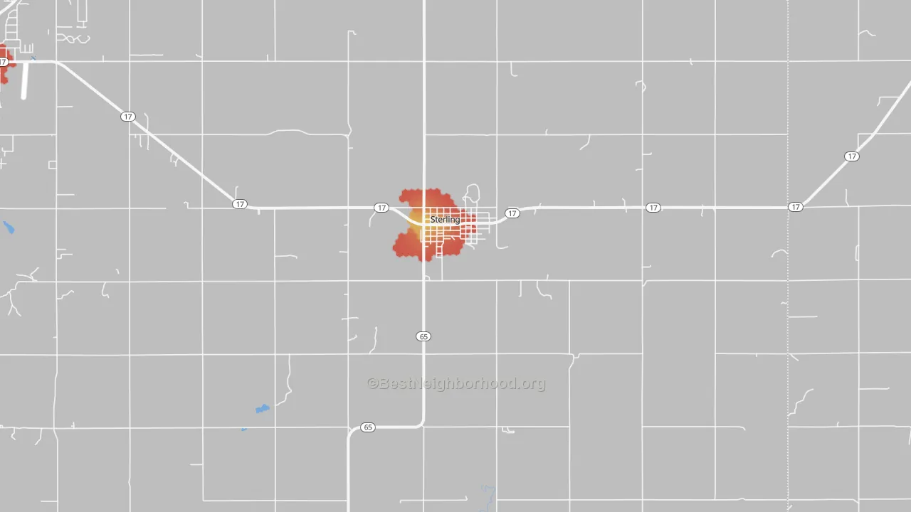Walk Grade map of Sterling, OK, walkable areas in green and car-dependent areas in red