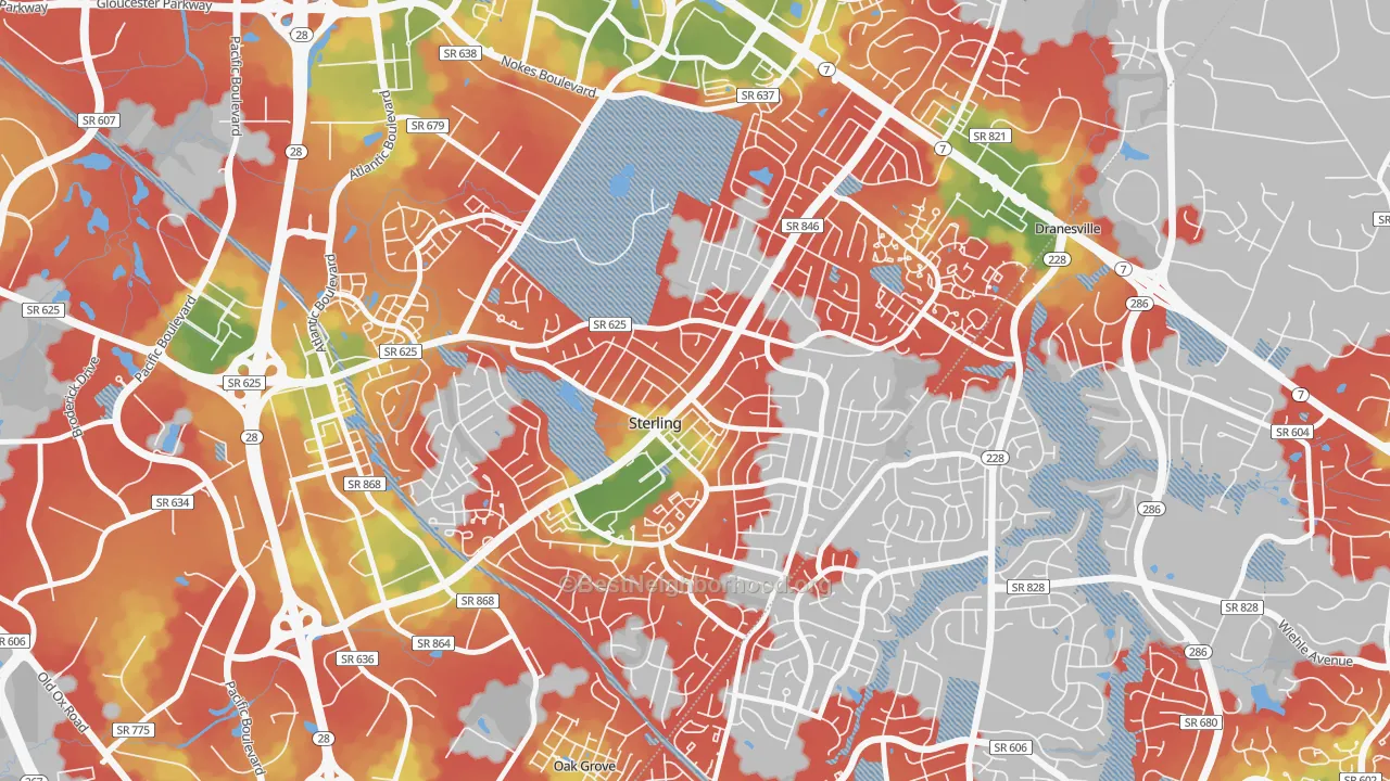 Walk Grade map of Sterling Park, Sterling, VA, walkable areas in green and car-dependent areas in red