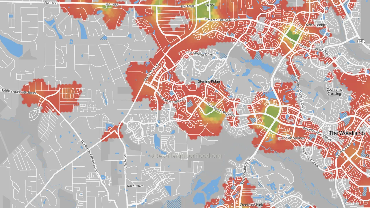 Walk Grade map of Sterling Ridge, The Woodlands, TX, walkable areas in green and car-dependent areas in red