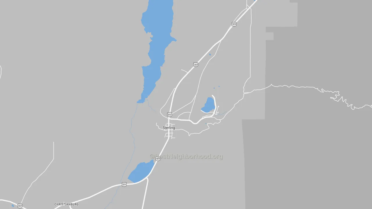 Walk Grade map of Sterling, UT, walkable areas in green and car-dependent areas in red