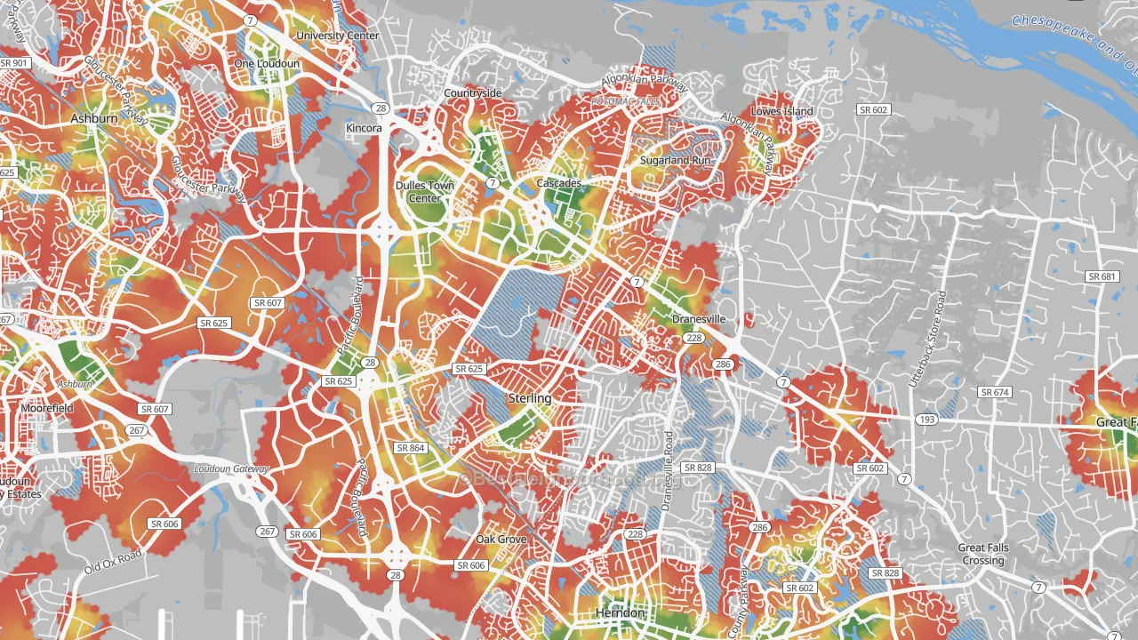 Walk Grade map of Sterling, VA, walkable areas in green and car-dependent areas in red