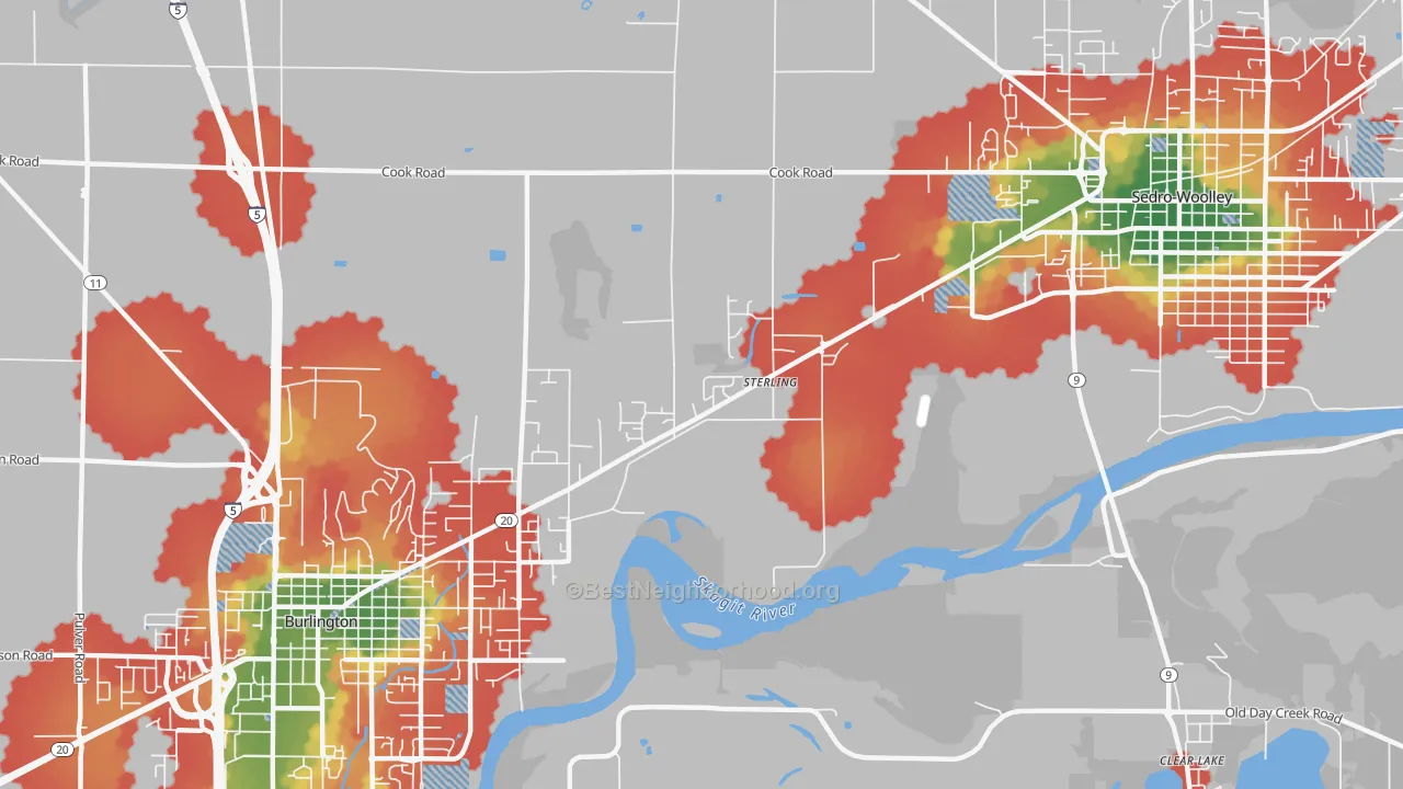 Walk Grade map of Sterling, WA, walkable areas in green and car-dependent areas in red