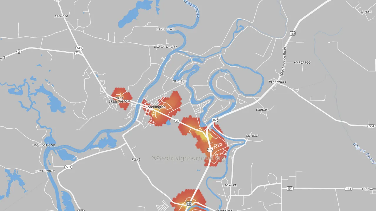 Walk Grade map of Sterlington, LA, walkable areas in green and car-dependent areas in red