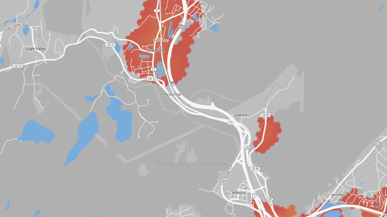 Walk Grade map of Sterlington, NY, walkable areas in green and car-dependent areas in red