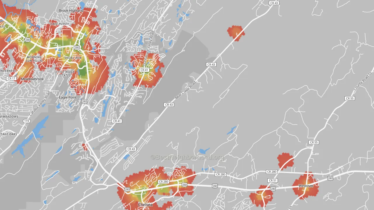 Walk Grade map of Sterrett, AL, walkable areas in green and car-dependent areas in red