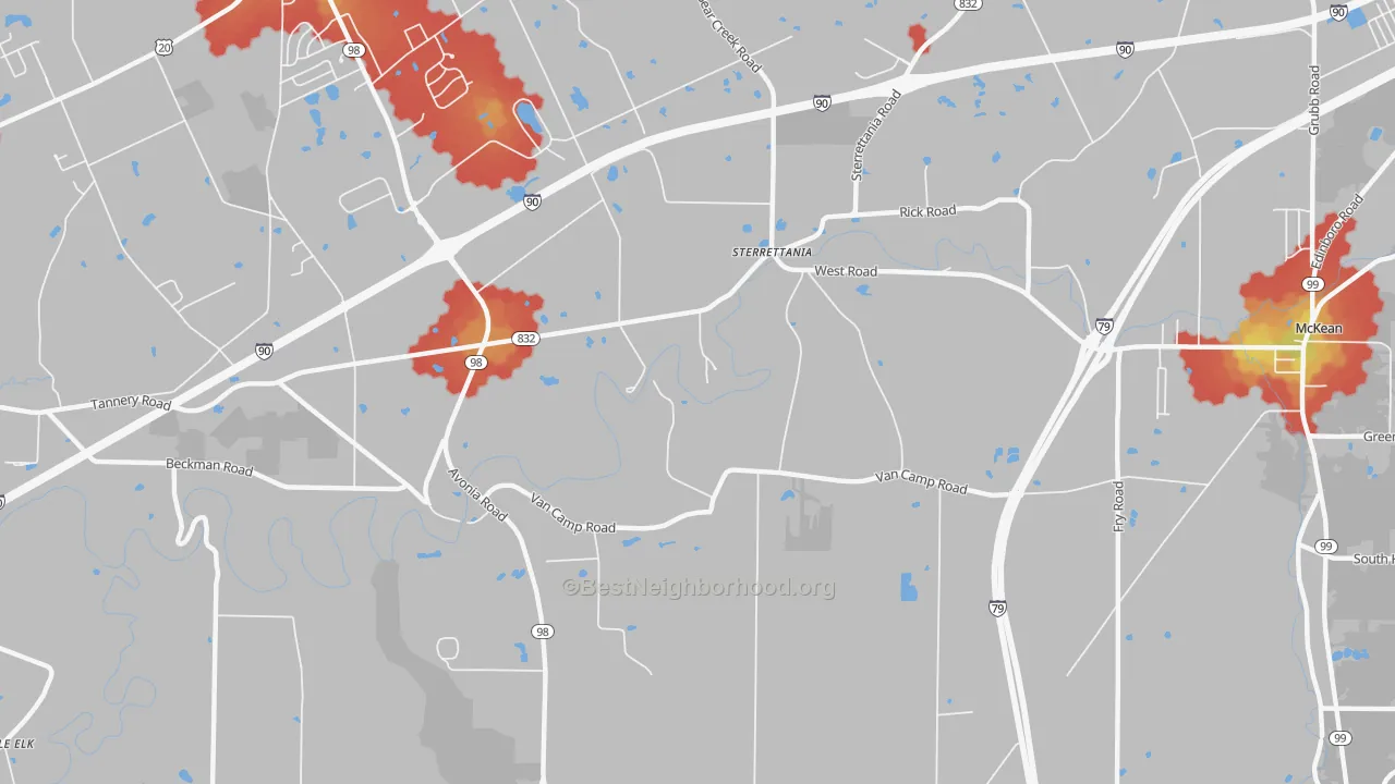 Walk Grade map of Sterrettania, PA, walkable areas in green and car-dependent areas in red