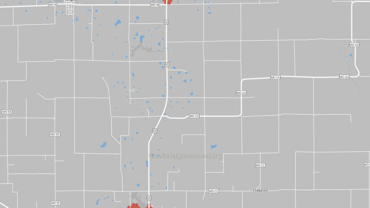 Walk Grade map of Stet, MO, walkable areas in green and car-dependent areas in red