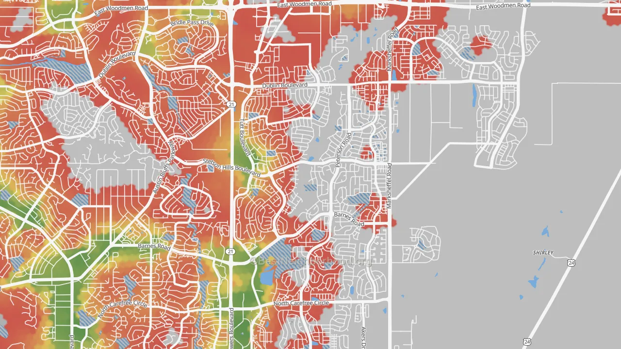 Walk Grade map of Stetson Hills, Colorado Springs, CO, walkable areas in green and car-dependent areas in red