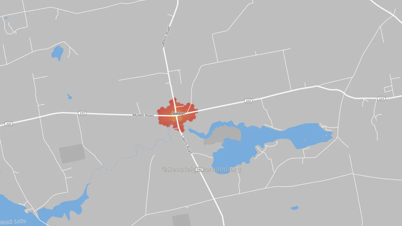 Walk Grade map of Stetson, ME, walkable areas in green and car-dependent areas in red