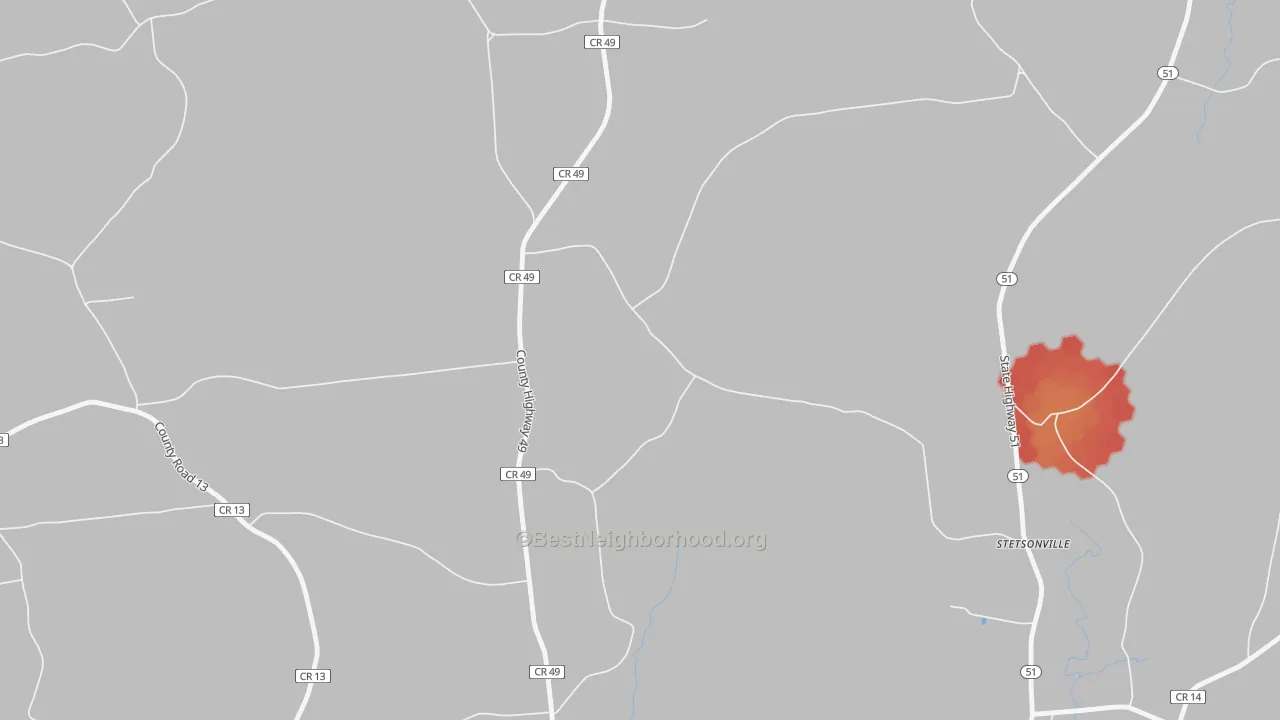 Walk Grade map of Stetsonville, NY, walkable areas in green and car-dependent areas in red