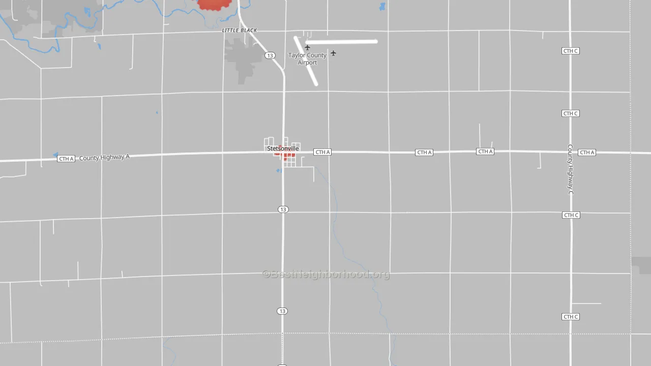 Walk Grade map of Stetsonville, WI, walkable areas in green and car-dependent areas in red