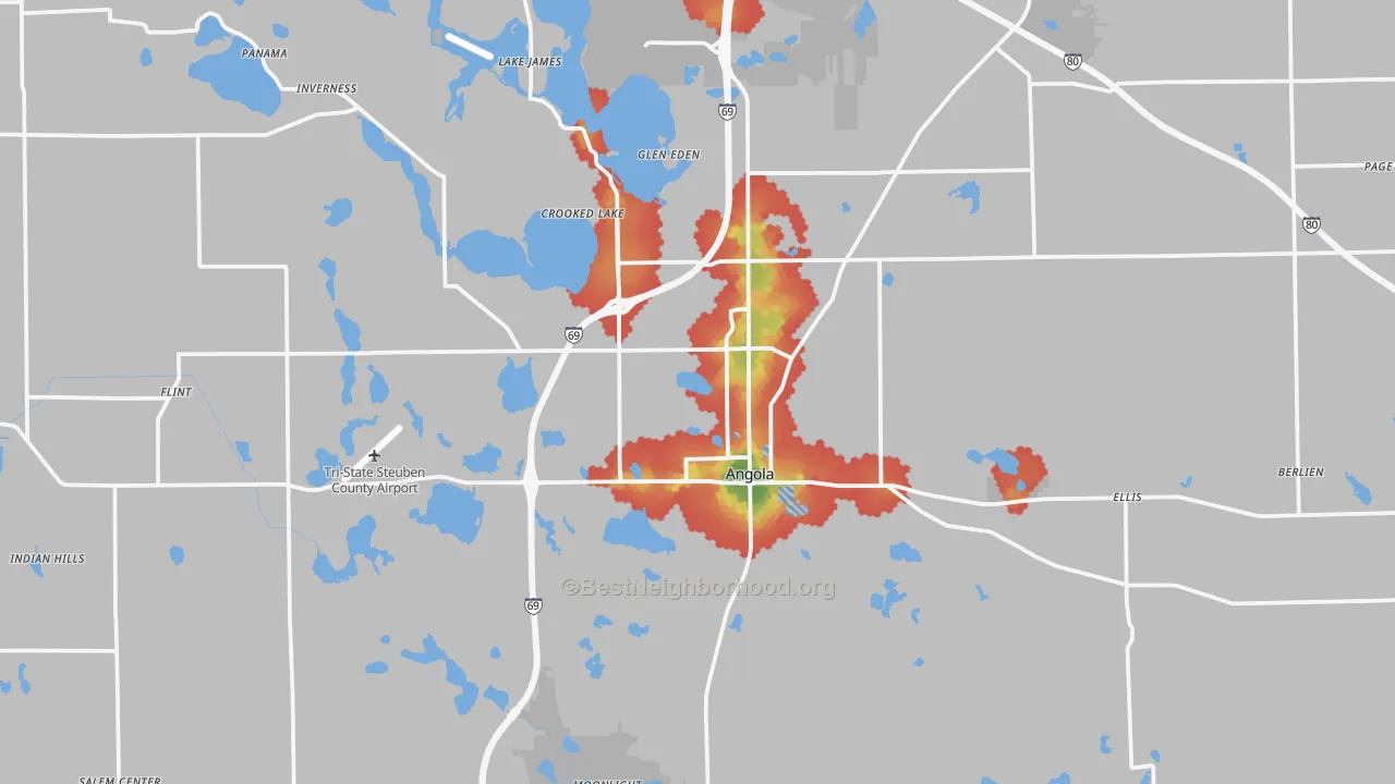 Walk Grade map of Steuben County, IN, walkable areas in green and car-dependent areas in red