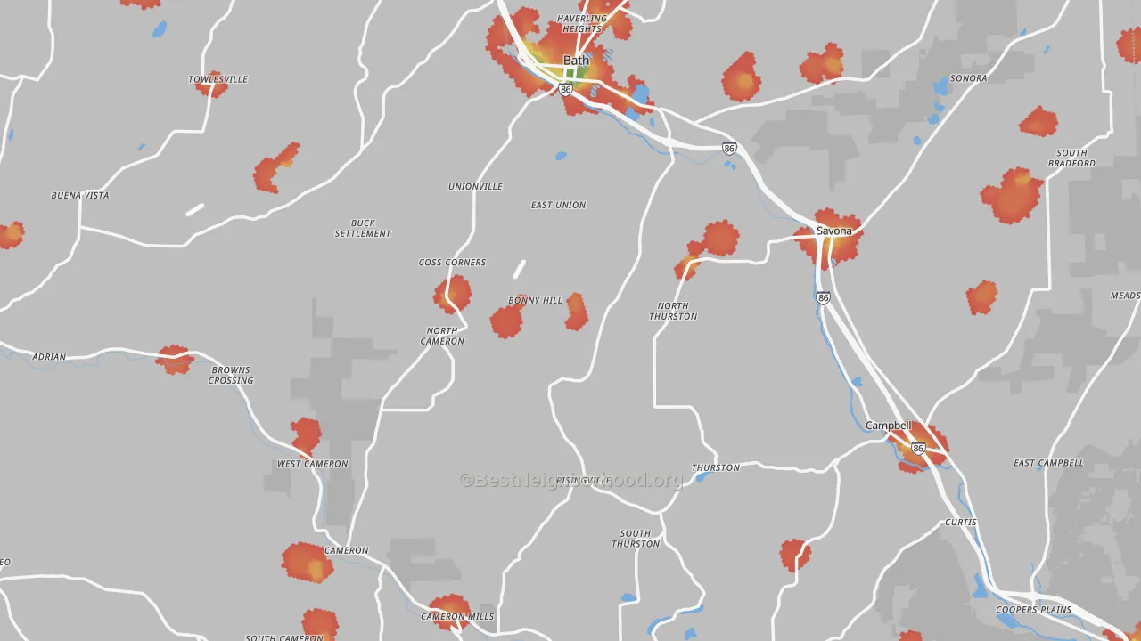 Walk Grade map of Steuben County, NY, walkable areas in green and car-dependent areas in red