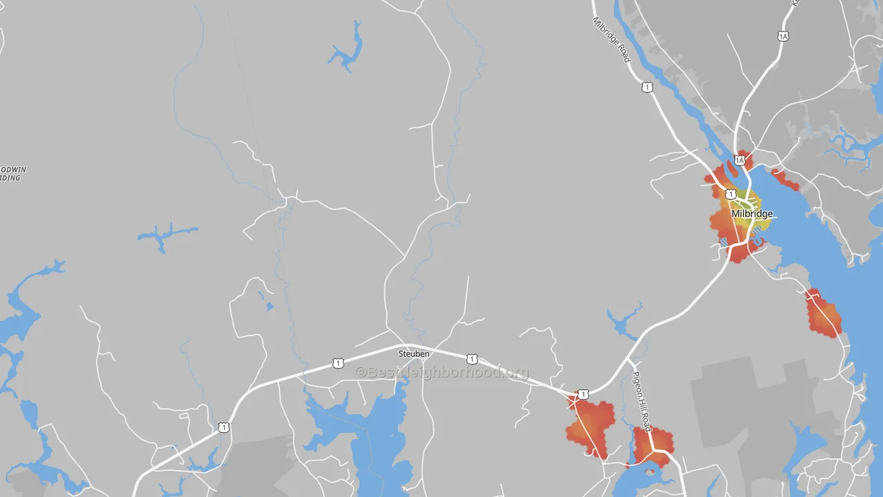 Walk Grade map of Steuben, ME, walkable areas in green and car-dependent areas in red