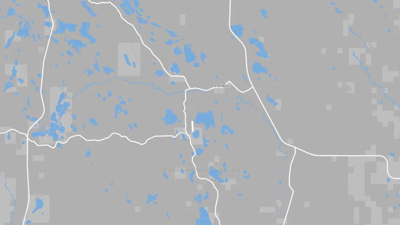Walk Grade map of Steuben, MI, walkable areas in green and car-dependent areas in red