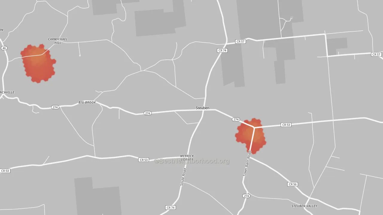Walk Grade map of Steuben, NY, walkable areas in green and car-dependent areas in red