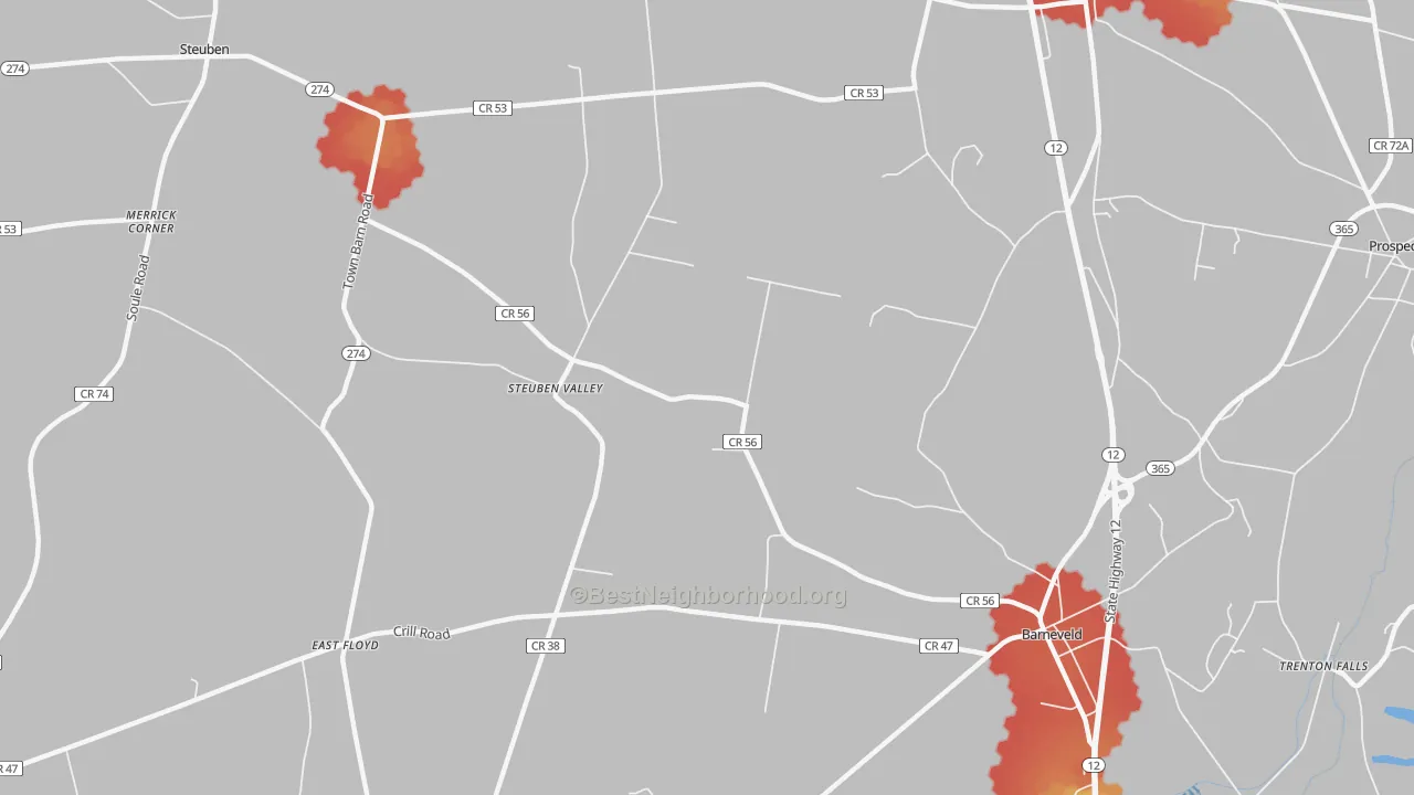 Walk Grade map of Steuben Valley, NY, walkable areas in green and car-dependent areas in red