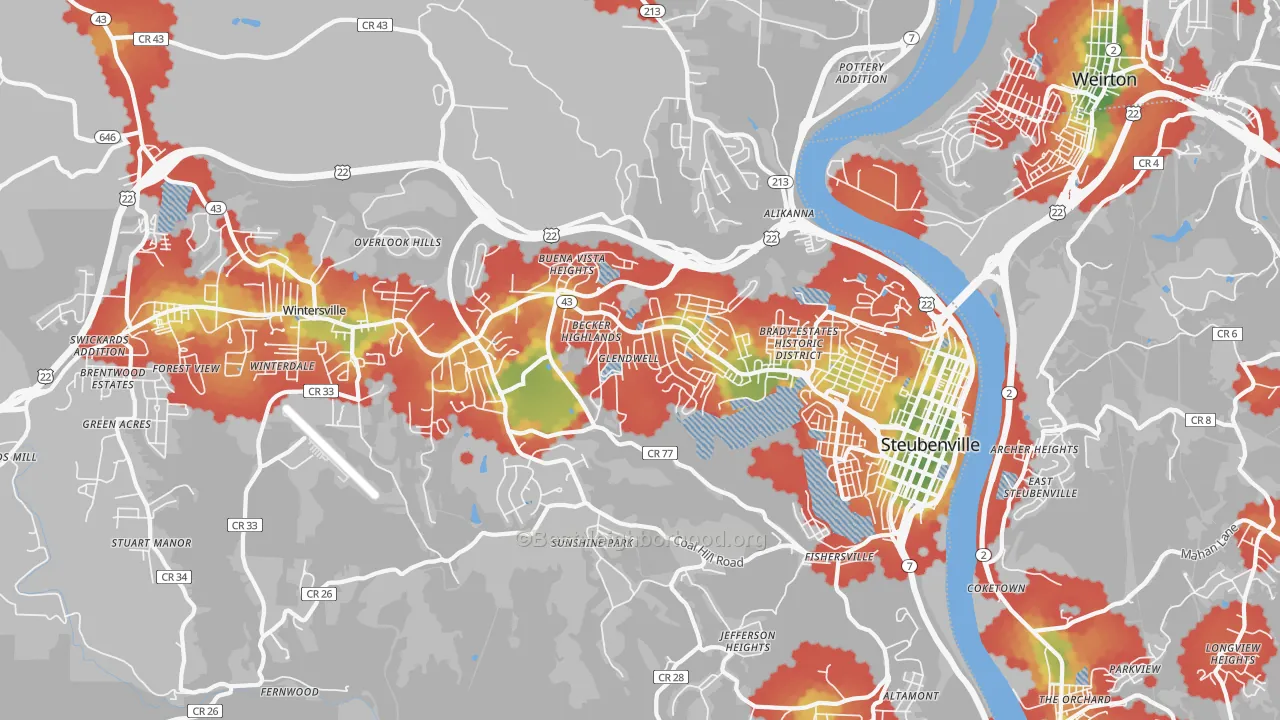 Walk Grade map of Steubenville, OH, walkable areas in green and car-dependent areas in red
