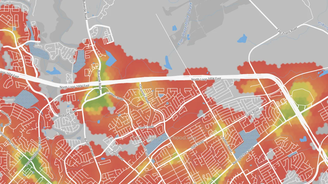 Walk Grade map of Steubing Ranch, San Antonio, TX, walkable areas in green and car-dependent areas in red