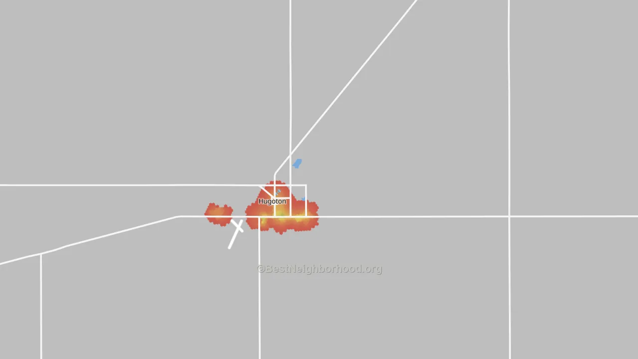 Walk Grade map of Stevens County, KS, walkable areas in green and car-dependent areas in red