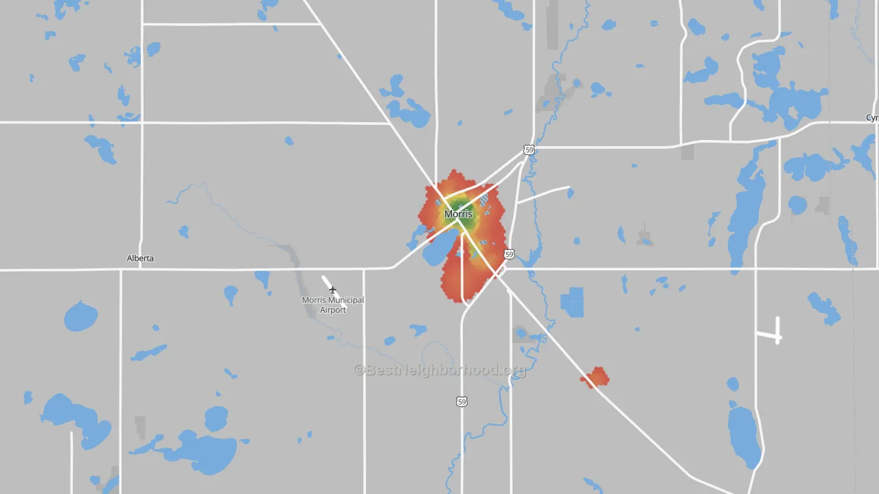 Walk Grade map of Stevens County, MN, walkable areas in green and car-dependent areas in red