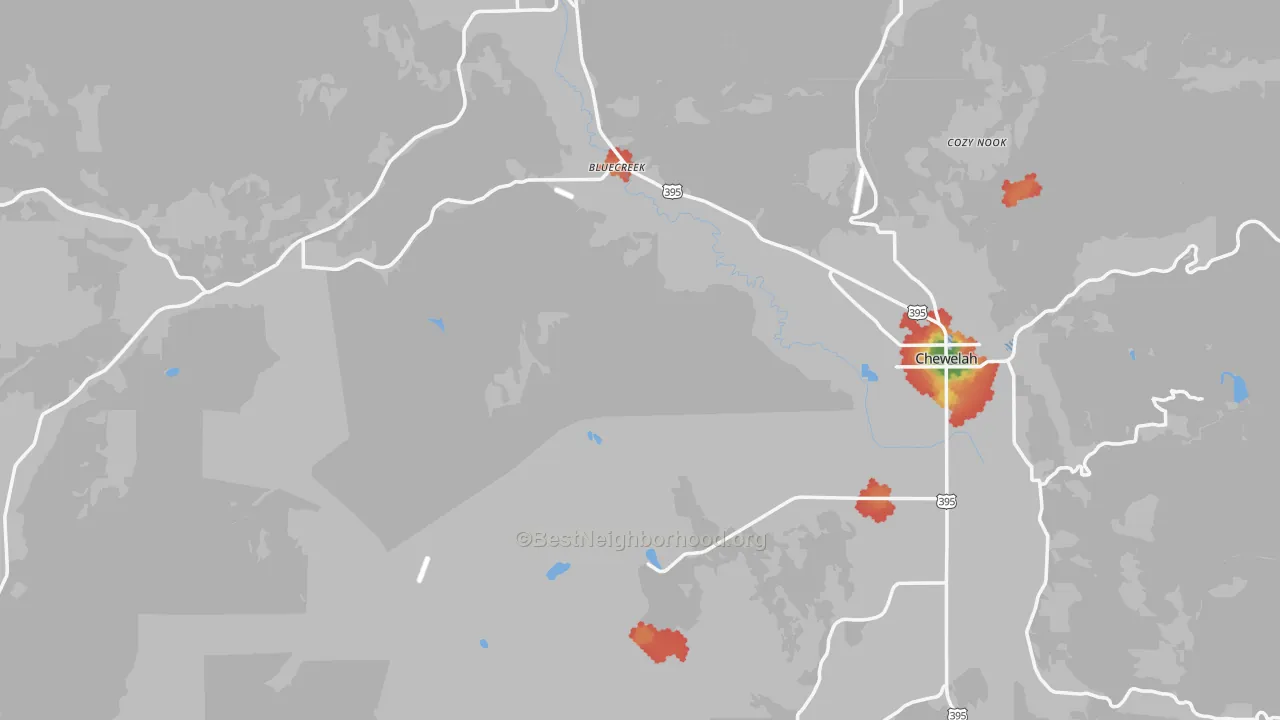 Walk Grade map of Stevens County, WA, walkable areas in green and car-dependent areas in red