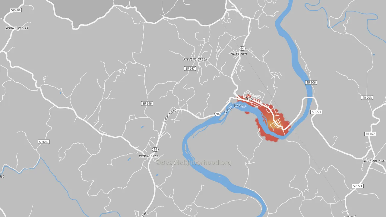 Walk Grade map of Stevens Creek, VA, walkable areas in green and car-dependent areas in red