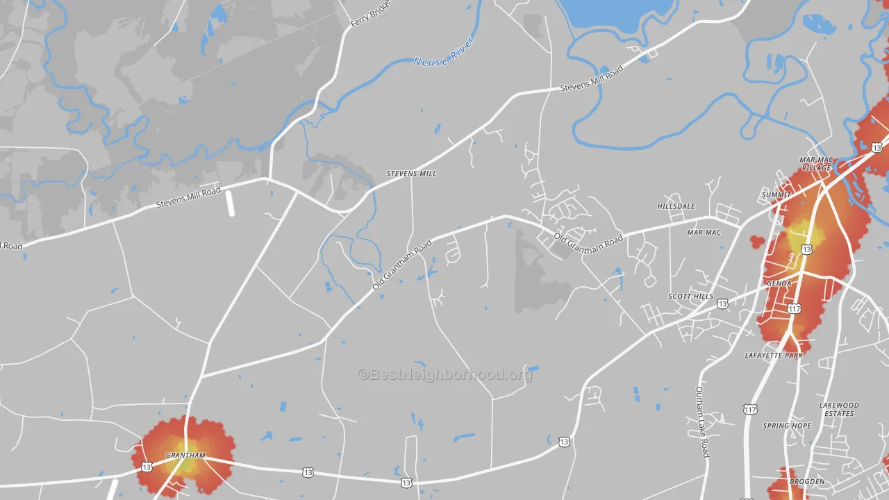 Walk Grade map of Stevens Mill, NC, walkable areas in green and car-dependent areas in red