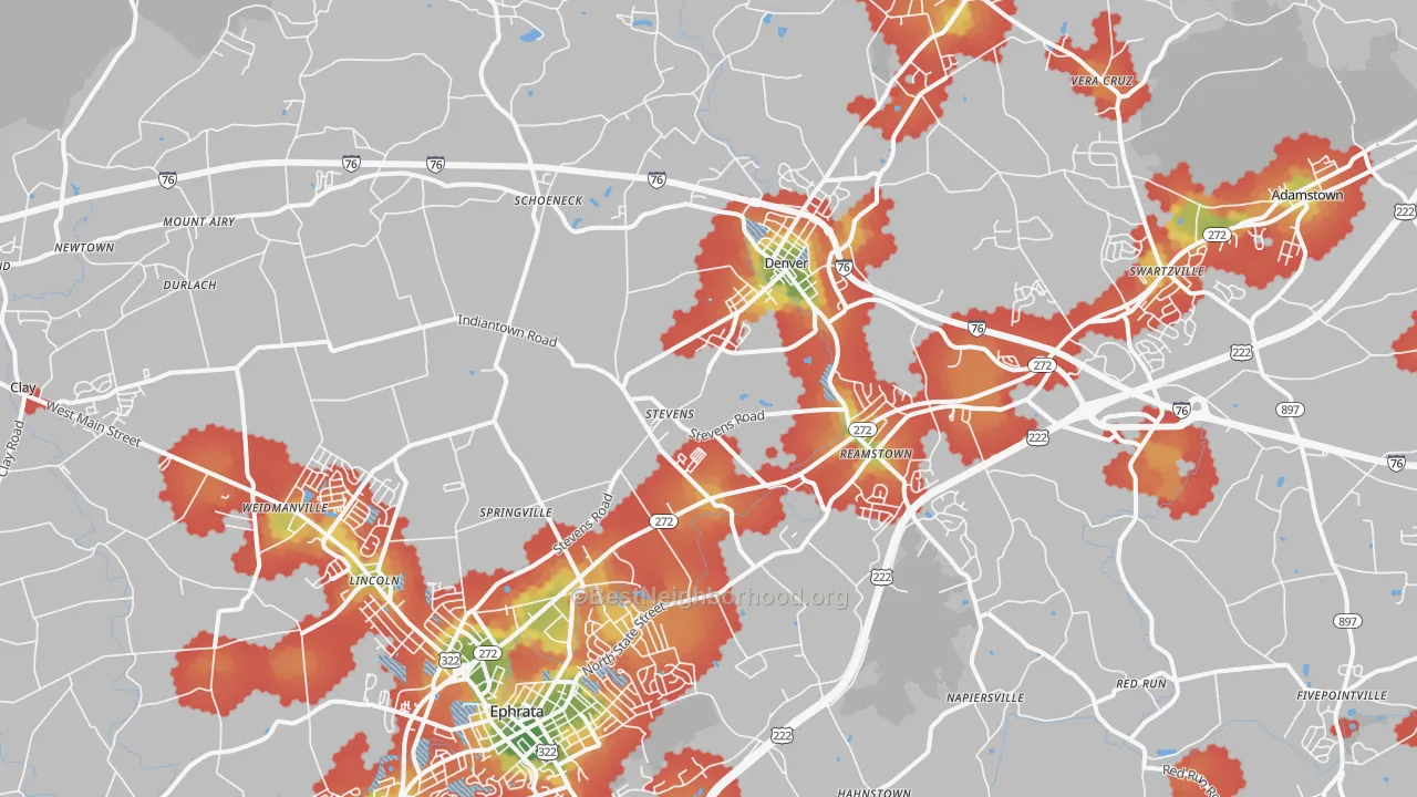 Walk Grade map of Stevens, PA, walkable areas in green and car-dependent areas in red