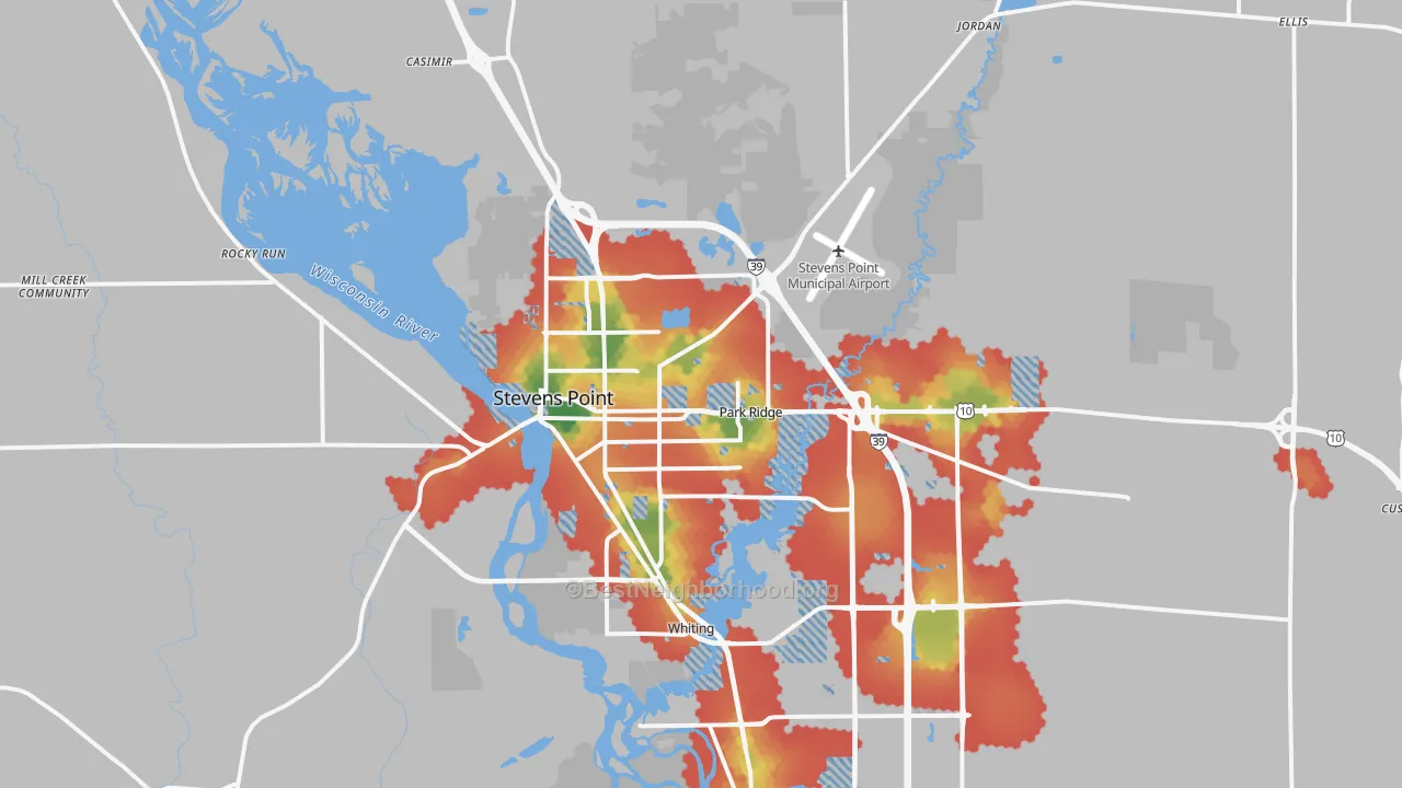 Walk Grade map of Stevens Point, WI, walkable areas in green and car-dependent areas in red