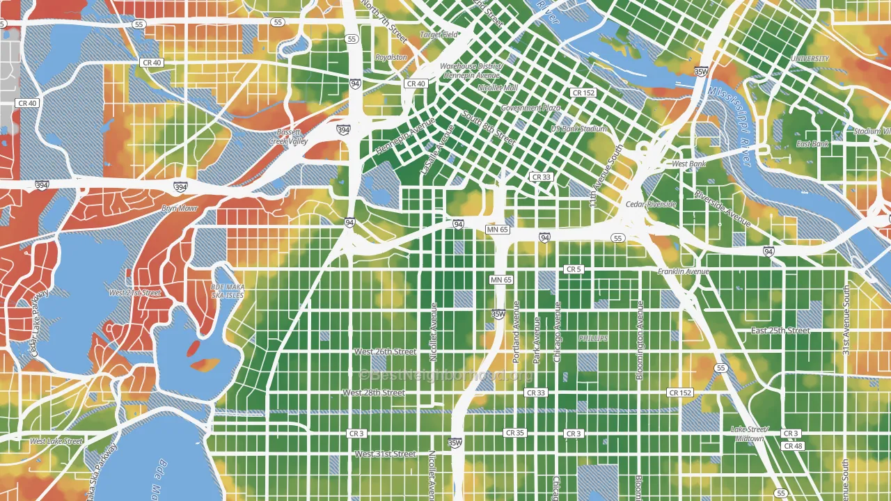Walk Grade map of Stevens Square, Minneapolis, MN, walkable areas in green and car-dependent areas in red