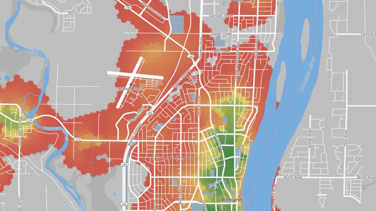 Walk Grade map of Stevens Triangle, Richland, WA, walkable areas in green and car-dependent areas in red