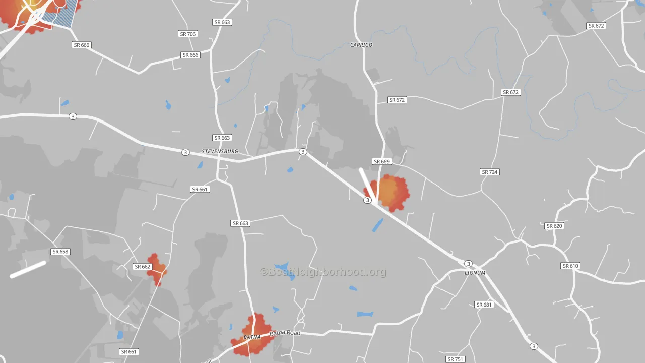 Walk Grade map of Stevensburg, VA, walkable areas in green and car-dependent areas in red