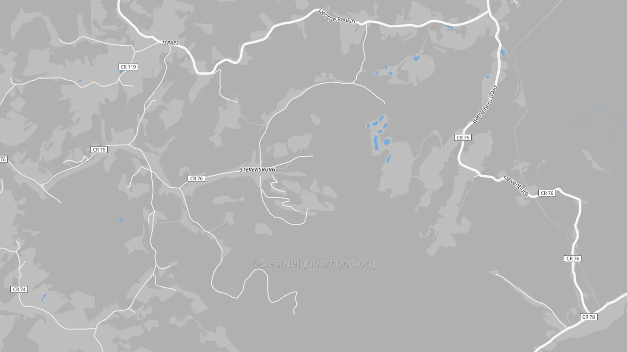 Walk Grade map of Stevensburg, WV, walkable areas in green and car-dependent areas in red
