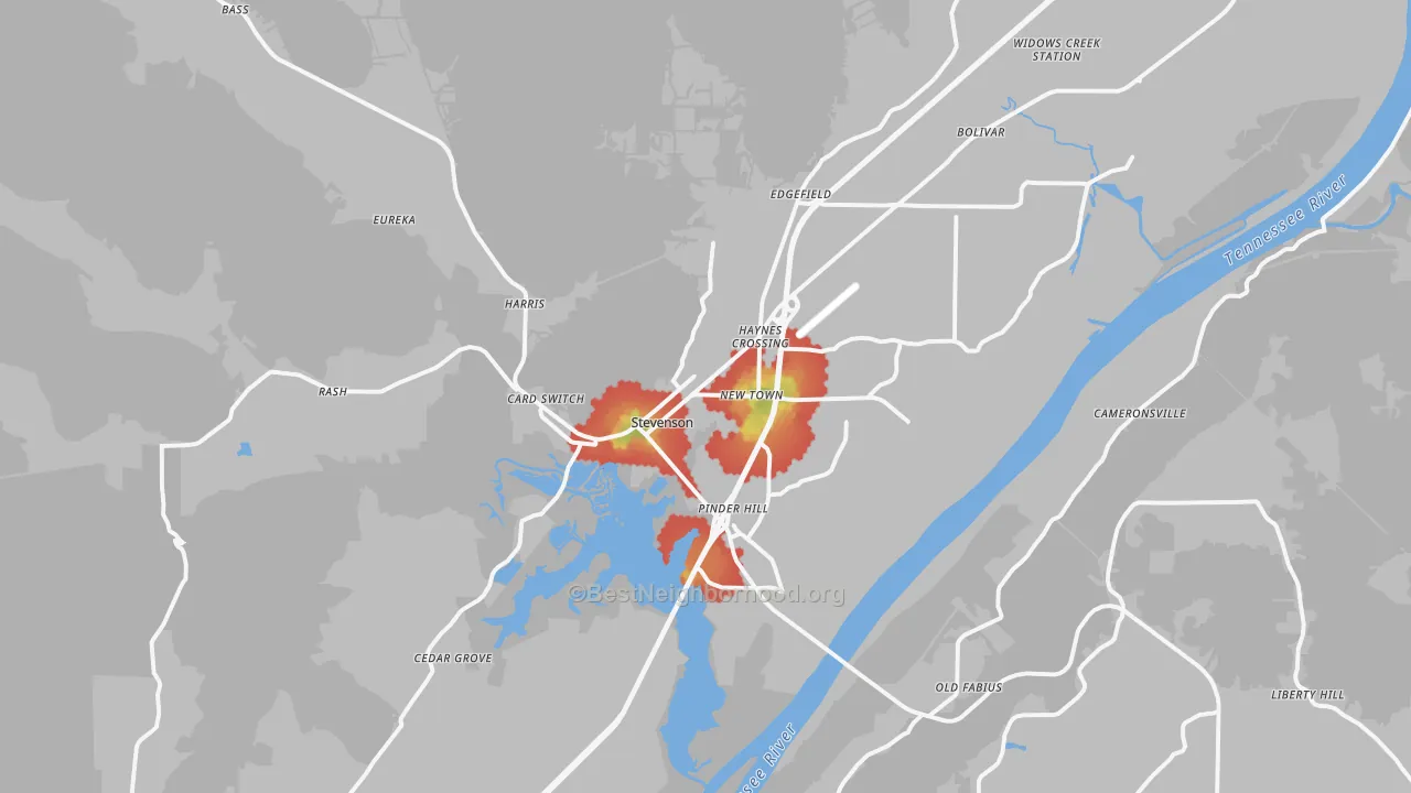 Walk Grade map of Stevenson, AL, walkable areas in green and car-dependent areas in red