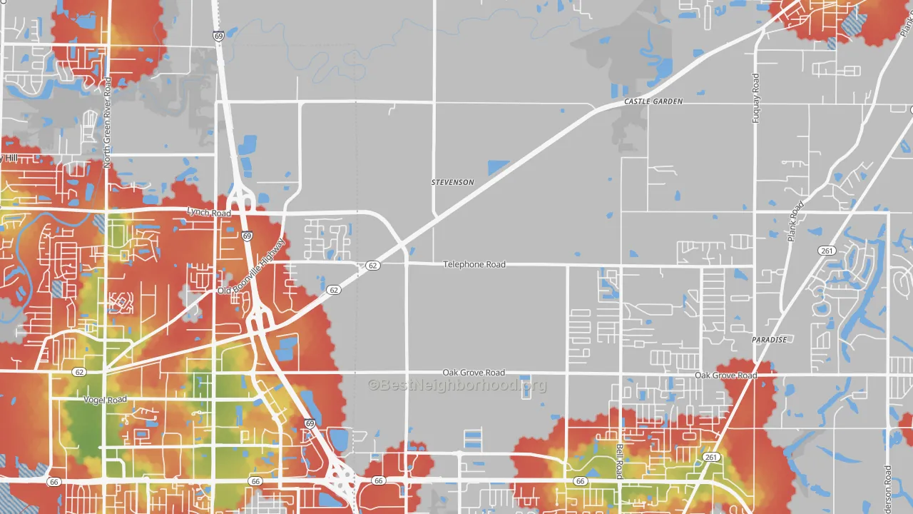 Walk Grade map of Stevenson, IN, walkable areas in green and car-dependent areas in red