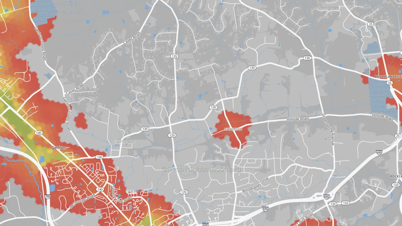 Walk Grade map of Stevenson, MD, walkable areas in green and car-dependent areas in red