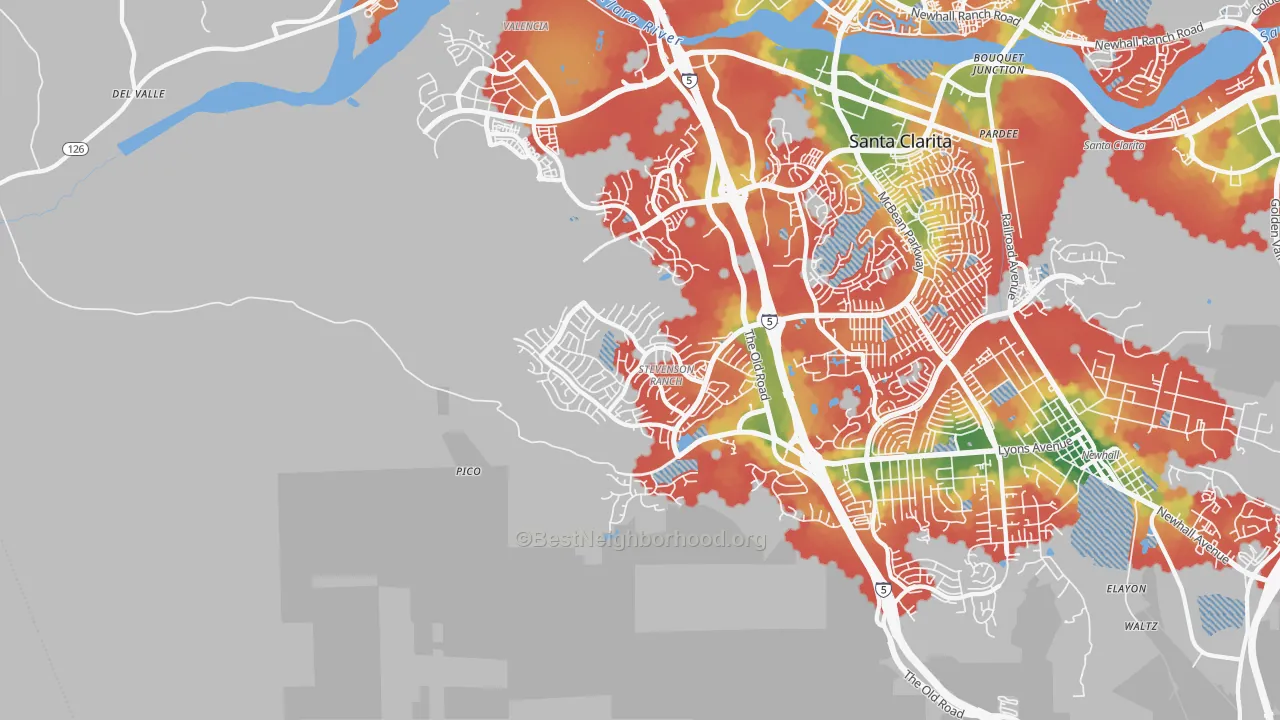 Walk Grade map of Stevenson Ranch, CA, walkable areas in green and car-dependent areas in red