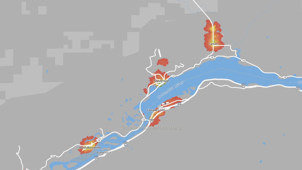 Walk Grade map of Stevenson, WA, walkable areas in green and car-dependent areas in red