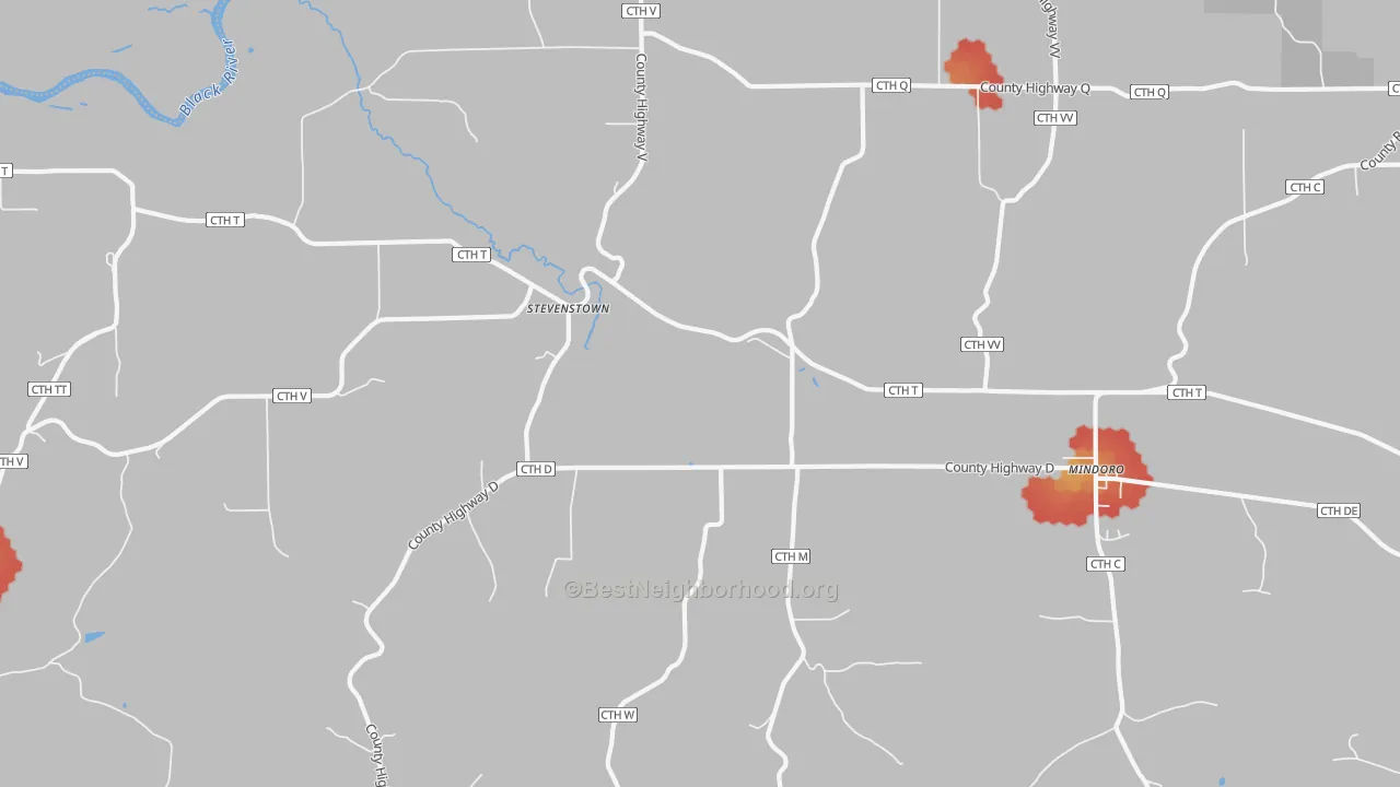 Walk Grade map of Stevenstown, WI, walkable areas in green and car-dependent areas in red