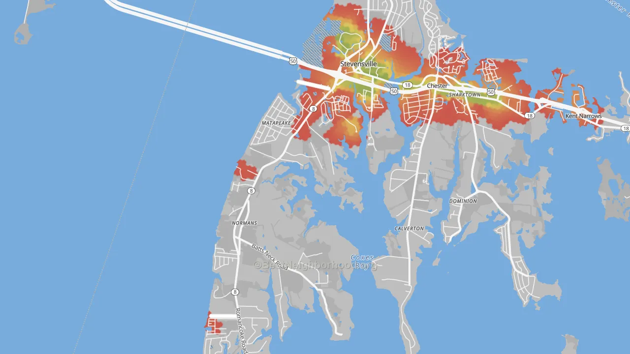 Walk Grade map of Stevensville, MD, walkable areas in green and car-dependent areas in red