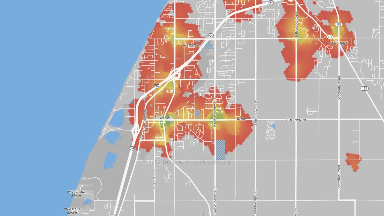 Walk Grade map of Stevensville, MI, walkable areas in green and car-dependent areas in red