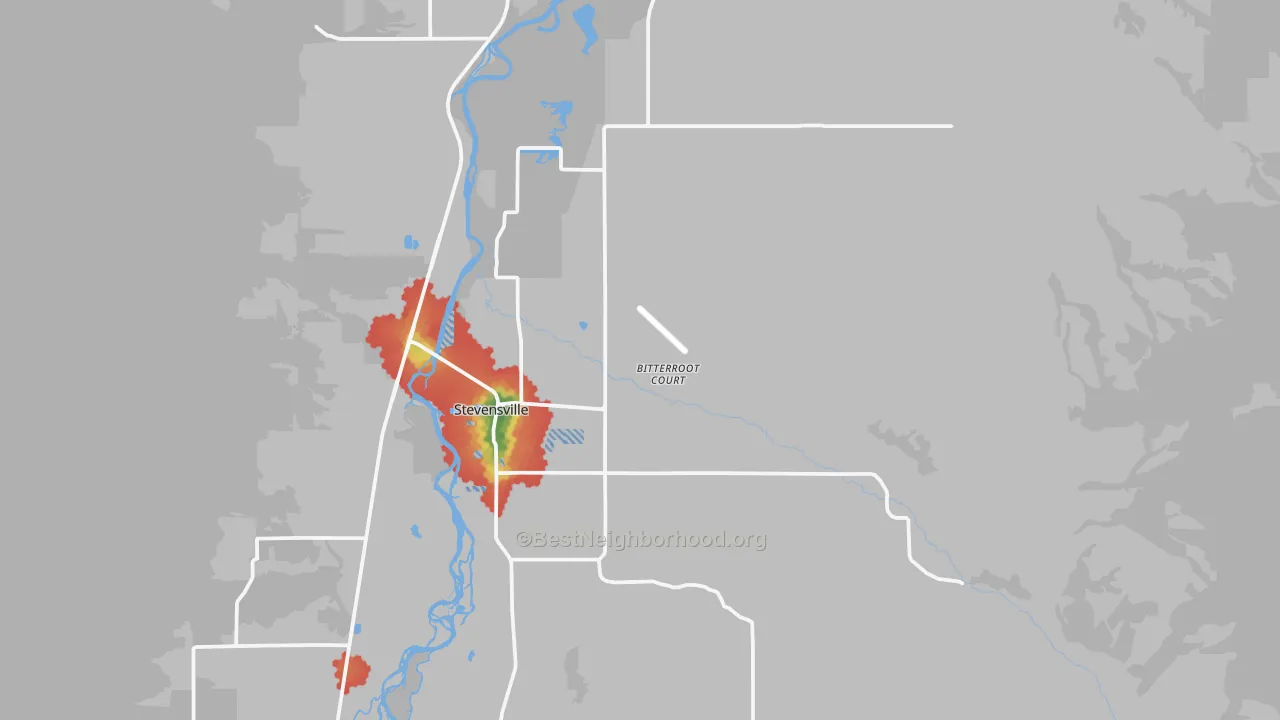 Walk Grade map of Stevensville, MT, walkable areas in green and car-dependent areas in red