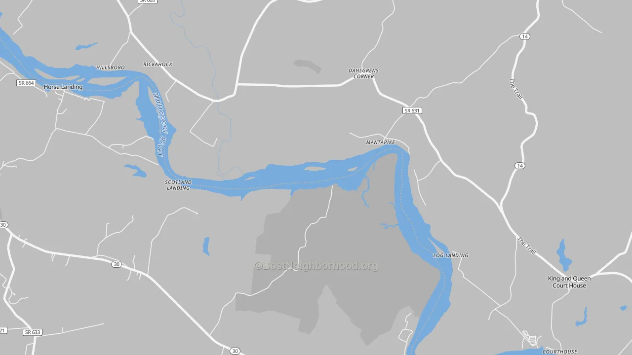 Walk Grade map of Stevensville, VA, walkable areas in green and car-dependent areas in red