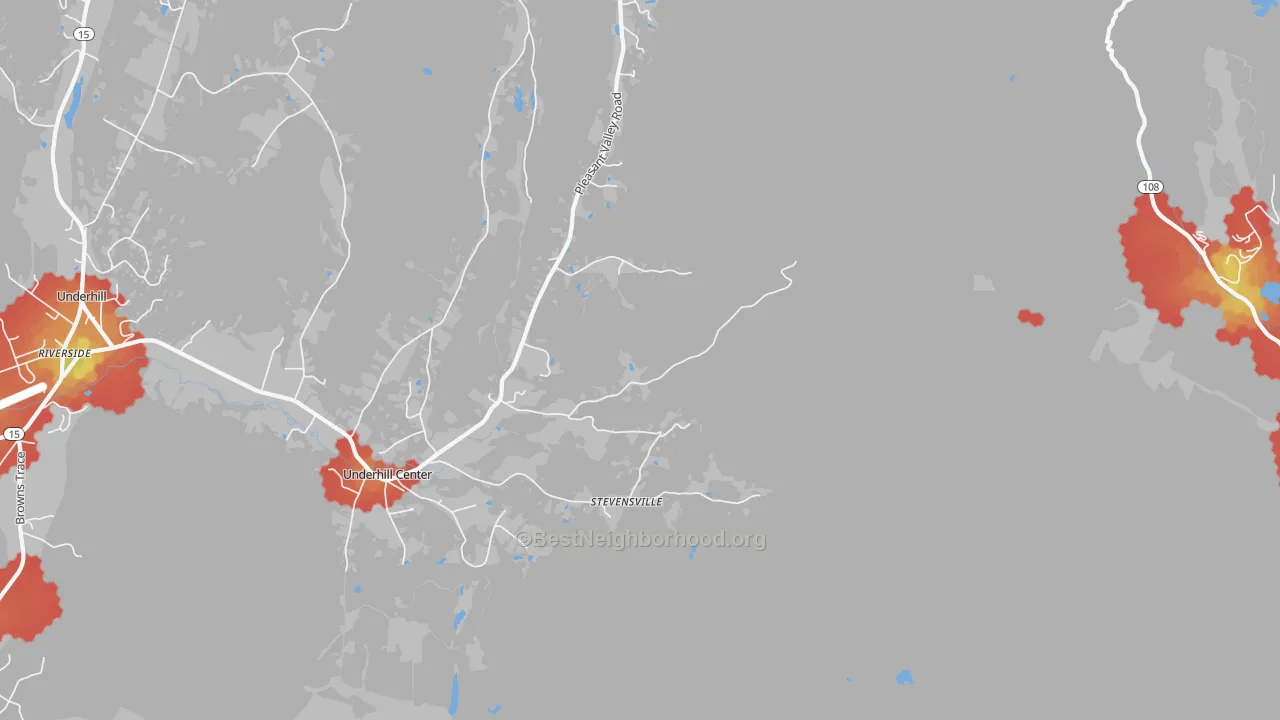 Walk Grade map of Stevensville, VT, walkable areas in green and car-dependent areas in red