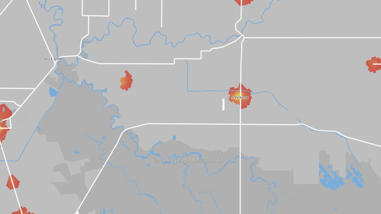 Walk Grade map of Stevinson, CA, walkable areas in green and car-dependent areas in red