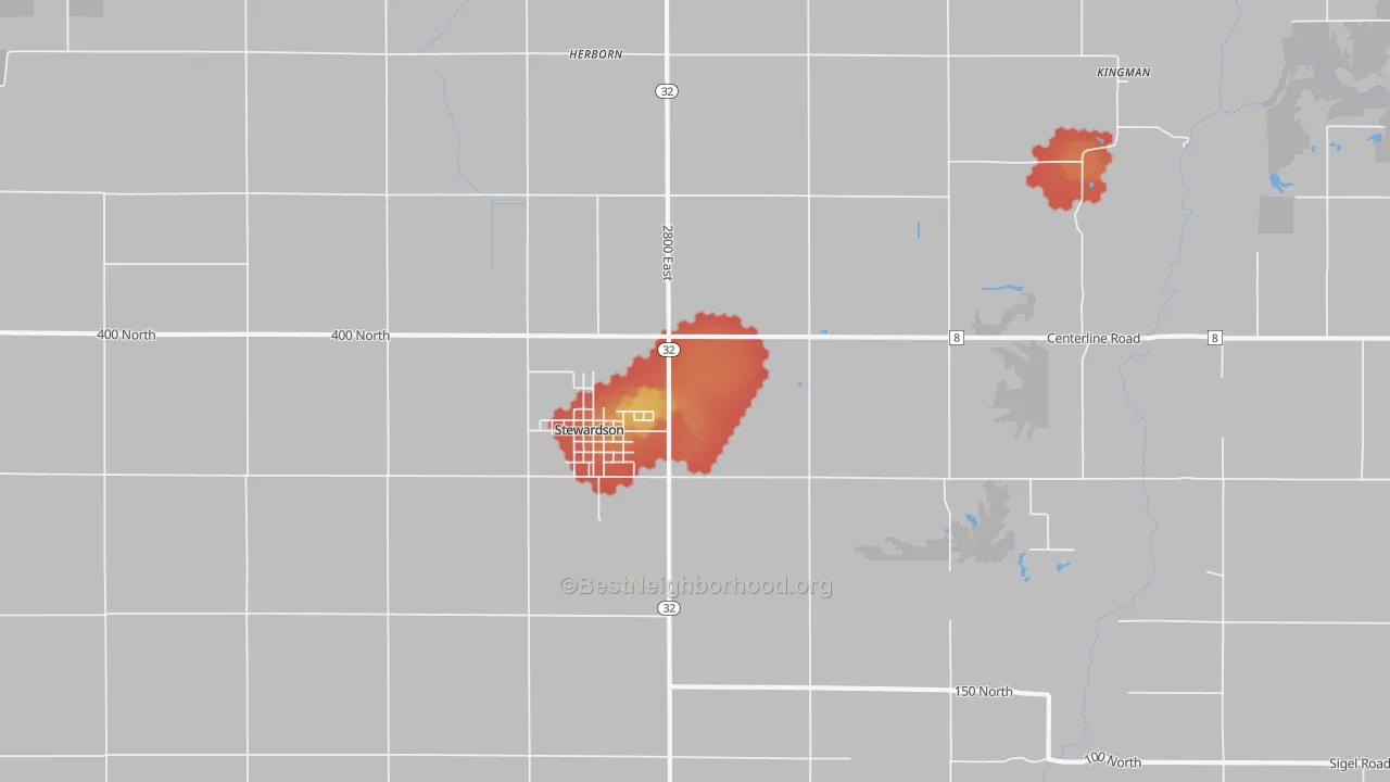 Walk Grade map of Stewardson, IL, walkable areas in green and car-dependent areas in red