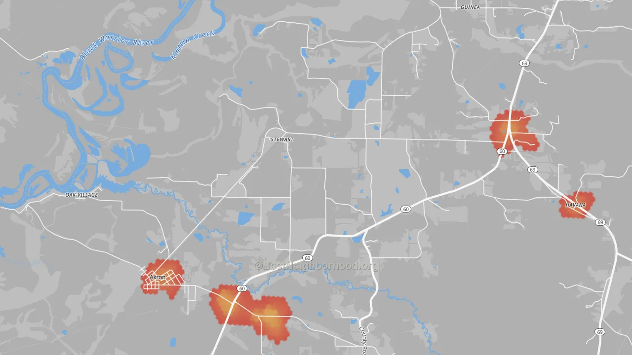 Walk Grade map of Stewart, AL, walkable areas in green and car-dependent areas in red