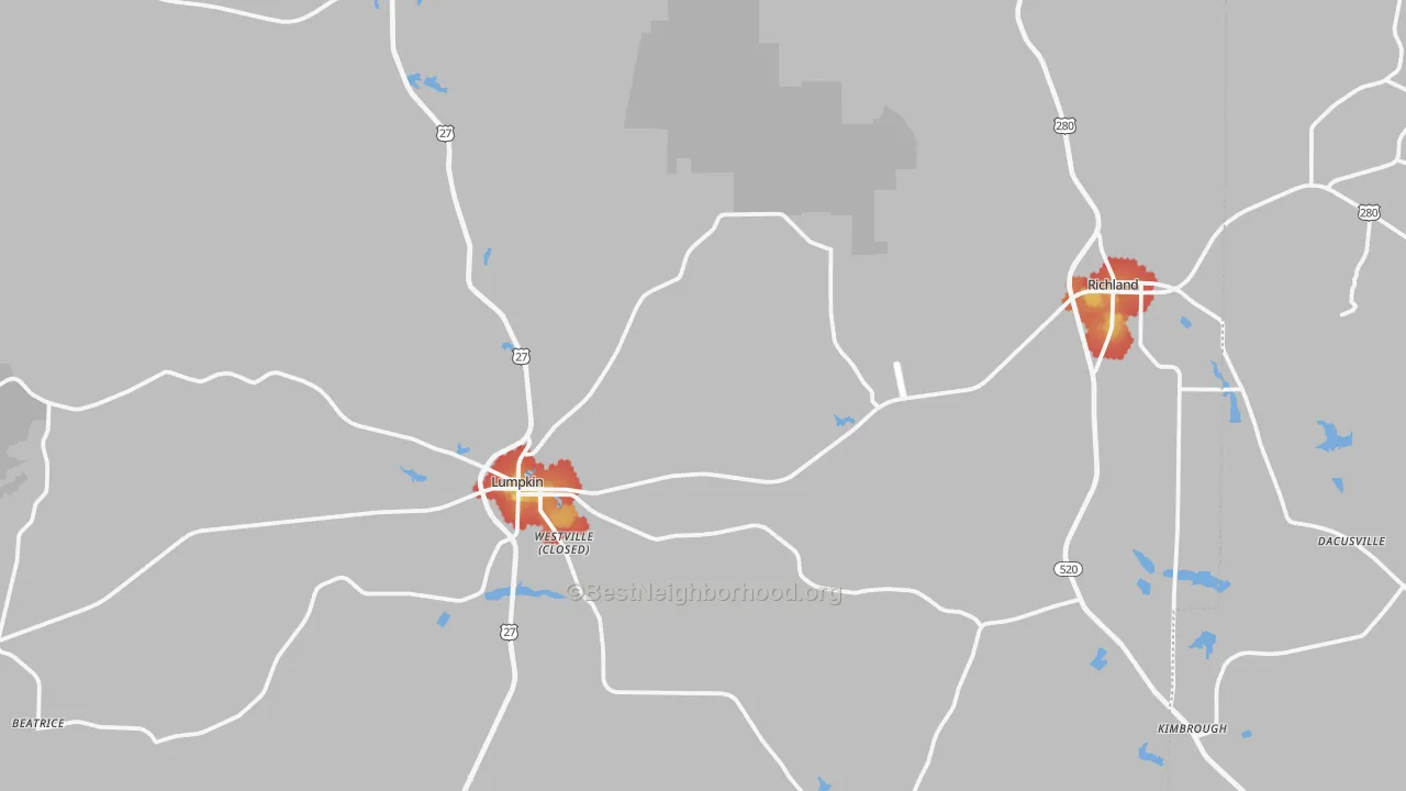 Walk Grade map of Stewart County, GA, walkable areas in green and car-dependent areas in red