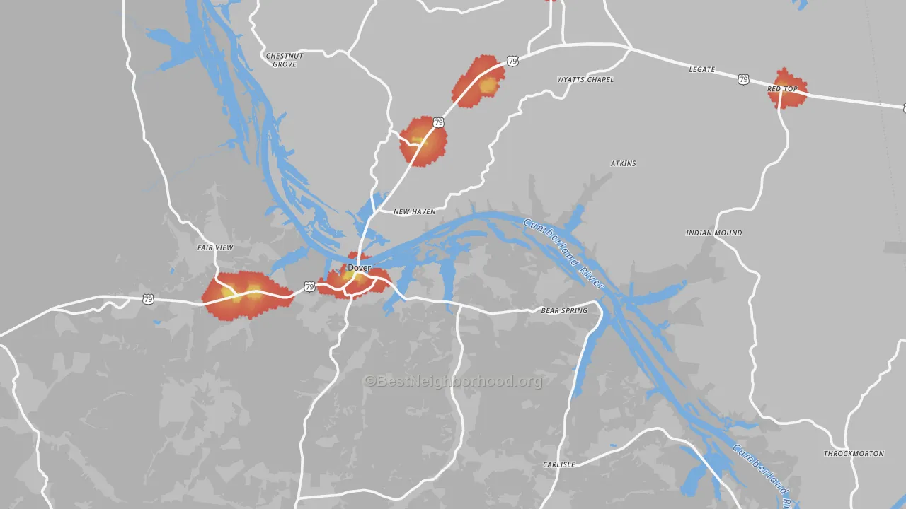 Walk Grade map of Stewart County, TN, walkable areas in green and car-dependent areas in red